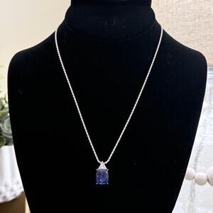 Blue Sapphire & Diamond Simulant Pendant w/ Sterling Silver 1.4mm Rope Chain